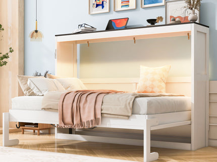 Murphy Bed With LED Light, Foldable Wall Bed Cabinet