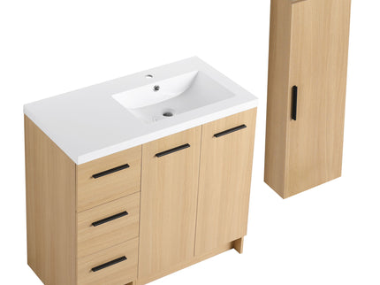 Freestanding Bathroom Vanity Set With Tall Linen Cabinet, 3 Drawers And Large Storage, Single Sink