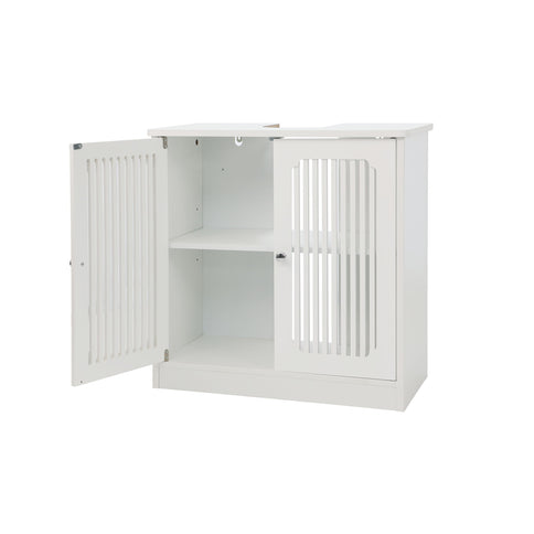 Louvered Double Door Floor Standing Bathroom Vanity Cabinet With Adjustable Shelf - White