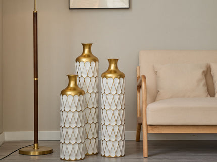 Floor Metal Vase Modern Style Decoration Home Droplet Shaped Metal Vase 3 Piece Set Gorgeous Home Decoration Large Glazed Metal Vase - Gold / White