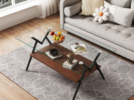 Rectangle Coffee Table With Tempered Glass Top And Shelf