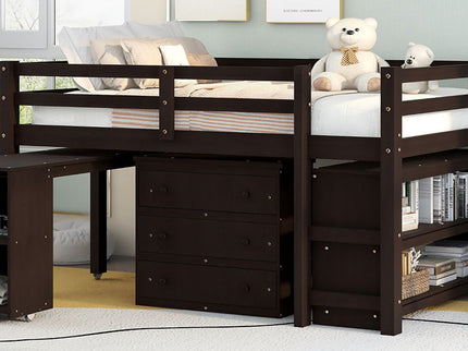 Loft Low Study Bed With Cabinet, Shelves And Rolling Portable Desk, Multiple Functions
