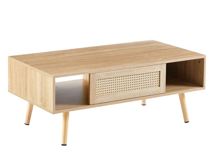 41.34" Rattan Coffee Table, Sliding Door For Storage, Solid Wood Legs, Modern Table For Living Room