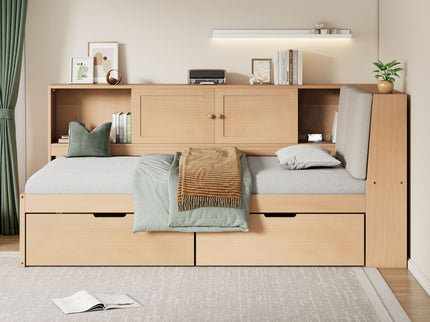 Twin L - Shaped Daybed With Storage Bookcase, Upholstered Headboard, USB Charging Ports & Hidden Drawers - Natural
