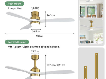 52" Ceiling Fan With Light And DC Motor, Flush Mount / Downrod, Ideal For Living Room - Gold / White