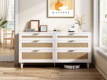 Rattan Dresser With 6 Drawers, Wooden Legs & Metal Handle