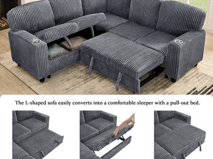 L-Shaped Sofa With Pull Out Sofa Bed With USB