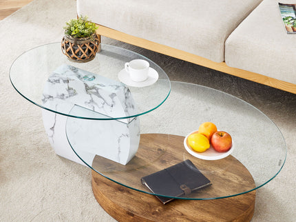 Contemporary Artistic Double Layer Coffee Table, Tempered Glass Top