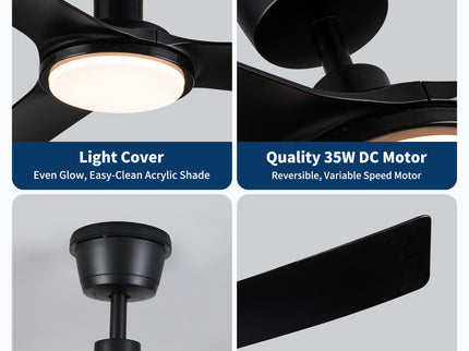 All Weather Outdoor Waterproof Ceiling Fan With Light And Quiet Motor For Patio Porch - Black