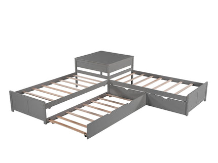 L Shaped Platform Bed With Trundle And Drawers Linked With Built In Desk