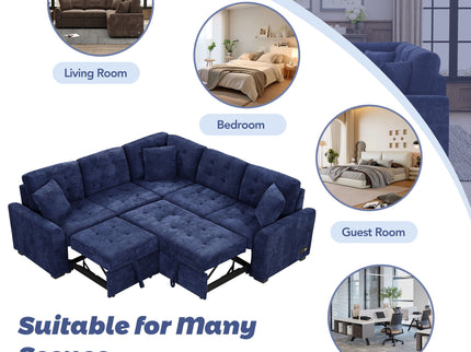 L-Shape Sofa Bed Pull-Out Sleeper Sofa With Wheels, USB Ports, Power Sockets For Living Room