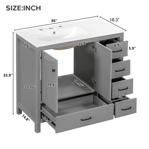 Bathroom Vanity With Sink Combo, 2 Soft Close Doors And 5 Drawers