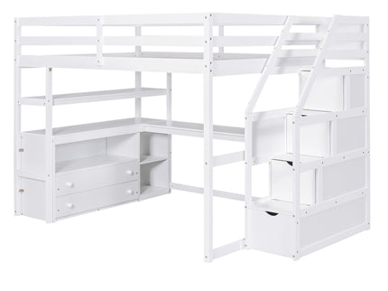 Loft Bed With Desk, Shelves, 2 Drawers, Storage Staircase