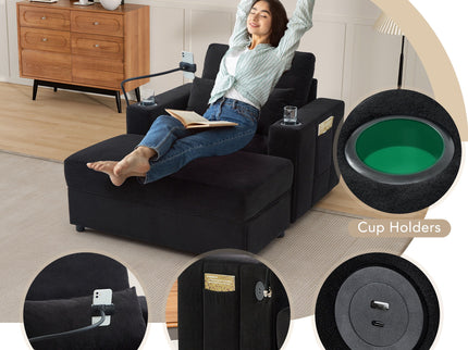 Modern Style Armchair Chaise Lounge Sofa Couch With Movable Storage Ottoman, USB Ports, Cup Holders, Phone Holder, Side Pockets