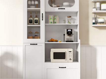 Tall Freestanding Kitchen Pantry Cabinet With Arched Glass Door