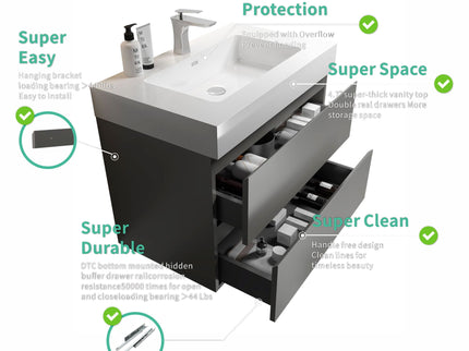 Alice - Bathroom Vanity With Sink, Large Storage Wall Mounted Floating Bathroom Vanity For Modern Bathroom, One-Piece Sink Basin Without Drain And Faucet