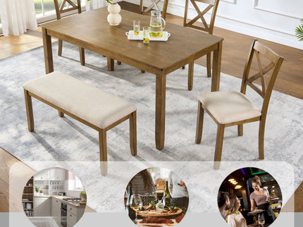 6 Piece Dining Table Set, Large Rectangular Table With Upholstered Bench & 4 X - Back Chairs, Kitchen Furniture - Oak
