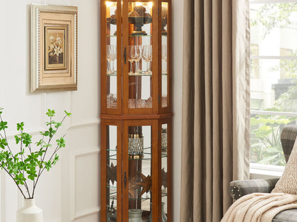 Corner Curio Cabinet With Lights, Adjustable Tempered Glass Shelves, Mirrored Back, Display Cabinet (E26 Light Bulb Not Included)