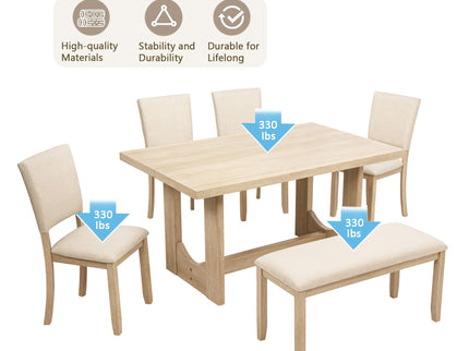 6 Piece Rectangular Kitchen Table Set With Bench And 4 Upholstered Chairs For Kitchen - Light Oak