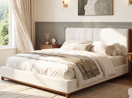 King Upholstered Bed Frame, No Box Spring Needed - Walnut / White