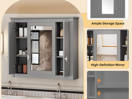 Wall Mounted Bathroom Cabinet With Mirror And 4 Shelves, Rectangular Design - Gray