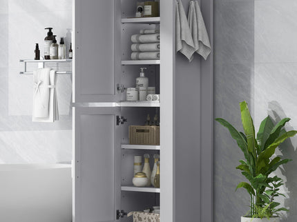 Tall Freestanding Bathroom Storage Cabinet With Adjustable Shelves And Side Hooks
