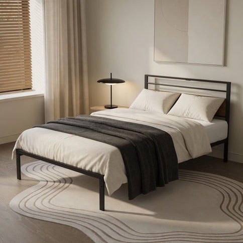 Platform Bed Frame With Charging Station & Headboard Shelves