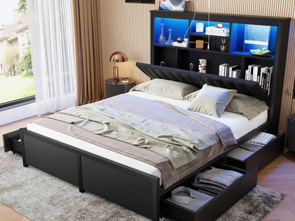 Bed Frame With High Storage Headboard, LED Light And Charging Station, 4 Storage Drawers