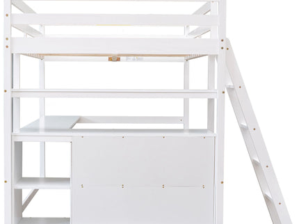Modern Loft Bed With Built In Desk, Shelves, And 2 Drawers