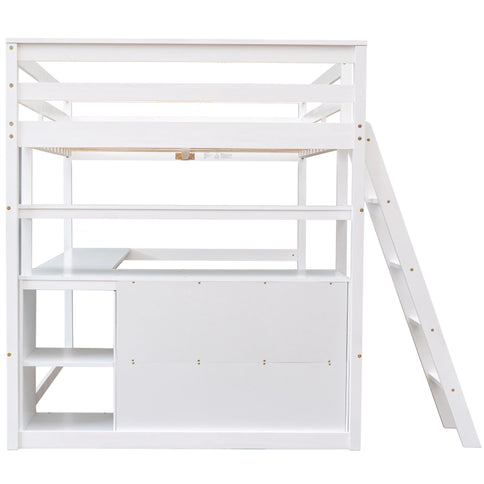 Modern Loft Bed With Built In Desk, Shelves, And 2 Drawers