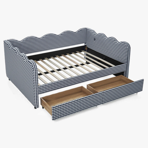 Gingham Daybed With USB Charging Port, Wave-Shaped Design
