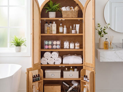 Tall Arched Cabinet With Rattan Doors & Adjustable Shelves