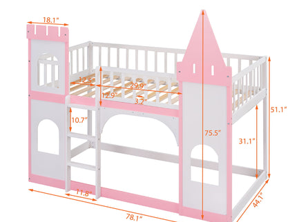 Twin Over Twin Castle Bunk Bed With Ladder - Pink
