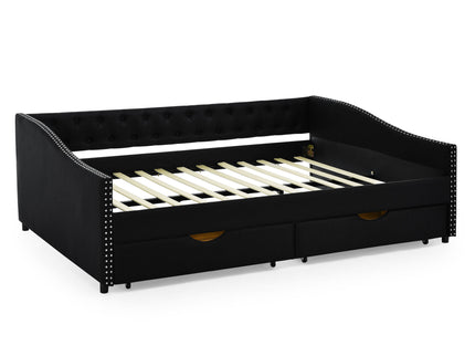 Upholstered Tufted Daybed With 2 Drawers, Waved Arms