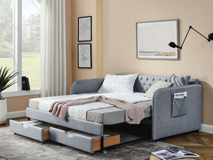 Daybed With Trundle And Storage Drawers, Flat Arms With Pocket