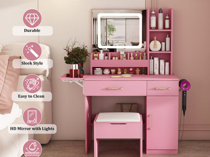 Vanity Desk With LED Mirror Lights And Power Outlet Charging Station, 3 Drawers, 7 Shelves, Storage Stool - Pink