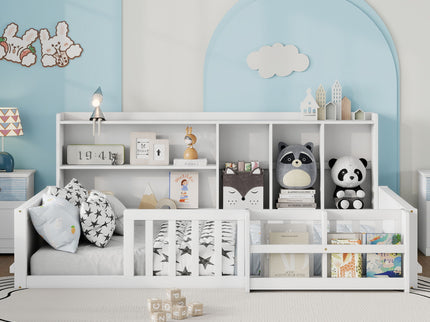 Platform Bed Frame With Guardrail, Storage Shelves & Bookshelf