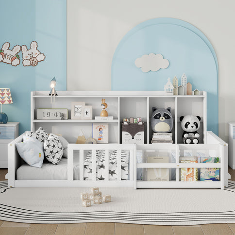 Platform Bed Frame With Guardrail, Storage Shelves & Bookshelf