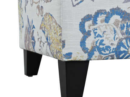 Luxury Storage Ottoman With Floral Patterned Fabric, Soft Close Hinges, Functional Footrest & Seat - Blue Flower / Blue Multi
