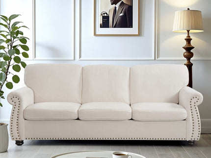 Soft Sofa, Upholstered 3 Seater Couch With High Density Foam, Loose Back Cushions And Turned Legs