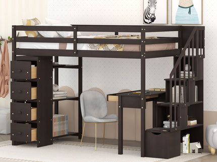Loft Bed With Storage Drawers, Desk And Stairs With Shelves