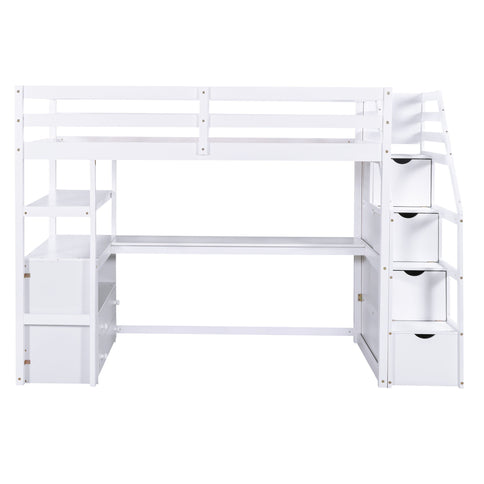 Loft Bed With Desk, Shelves, 2 Drawers, Storage Staircase