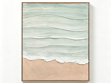 Framed Beach Wall Art, Textured Canvas Painting, Neutral Ocean Decor For Living Room - Beige / Blue