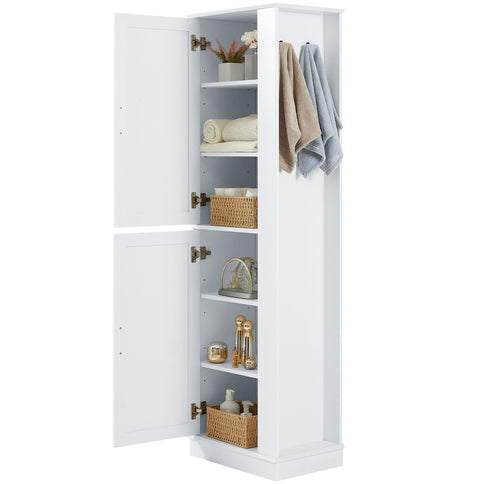 Tall Freestanding Bathroom Storage Cabinet With Adjustable Shelves And Side Hooks