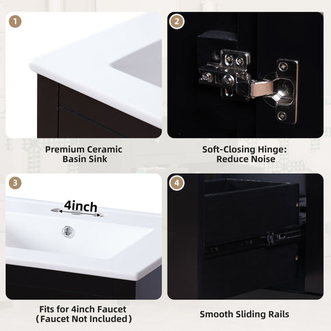 Bathroom Vanity With Basin, Rectangular Cabinet With 2 Drawers And Soft Closing Door