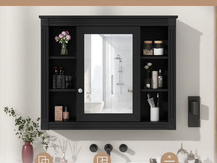 Wall-Mounted Bathroom Storage Cabinet With Mirror, 6 Open Shelves - Black