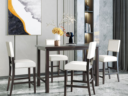 5 Piece Counter Height Dining Set, Classic Elegant Table And 4 Chairs - Espresso / Beige