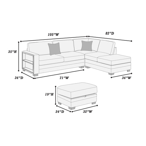 Reversible Sectional Sofa With Built In Shelf And Storage Ottoman, L - Shaped Living Room Furniture