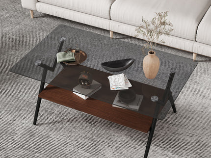 Rectangle Coffee Table With Tempered Glass Top And Shelf, Modern Table For Living Room