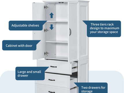 Tall Bathroom Storage Cabinet With 2 Doors And Drawers, Adjustable Shelf - White